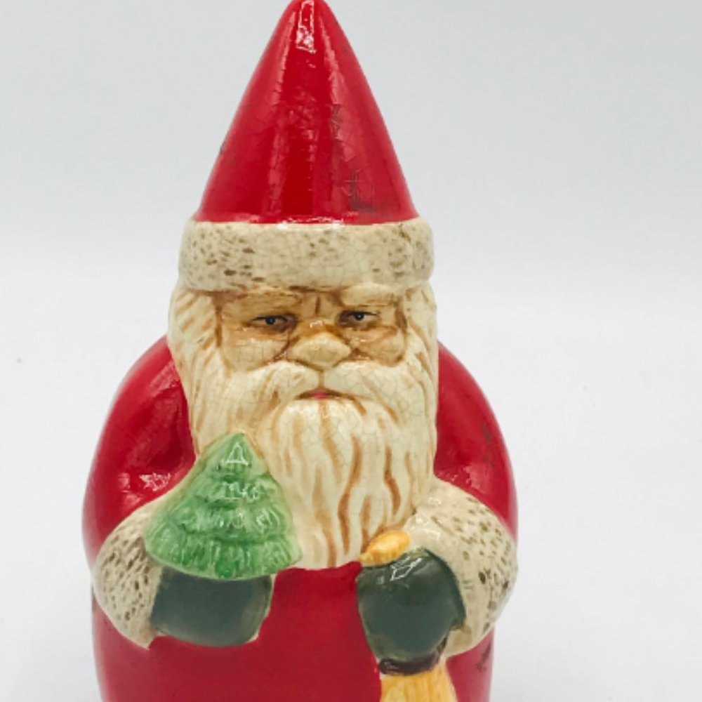 Vintage Figurine Santa Claus holding a bag and Tree - Christmas Decor- 6 1/2"